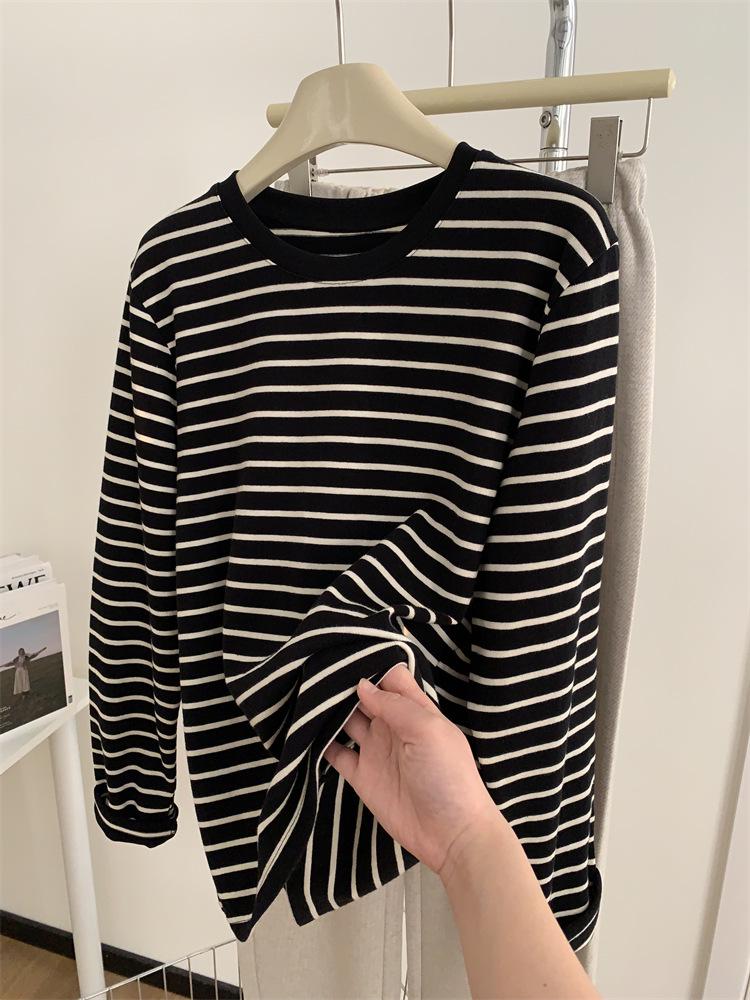 Korean Style Plus Size Striped Round Neck Long Sleeve T-shirt for Women - Autumn Winter Casual Loose Pullover