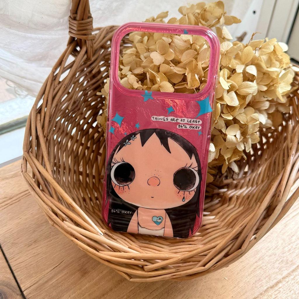 Pink Transparent Cute Cartoon Girl iPhone Case for Apple 16/17 Pro Max with Anti-Fall Protection