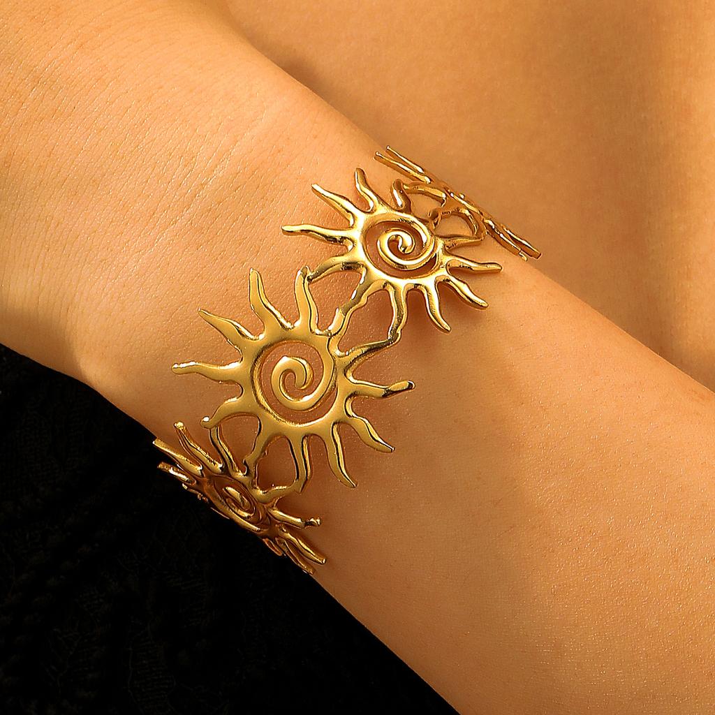 Bohemian Sun Cuff Bracelet for Women Open Statement Bangle with Spiral Sun Design