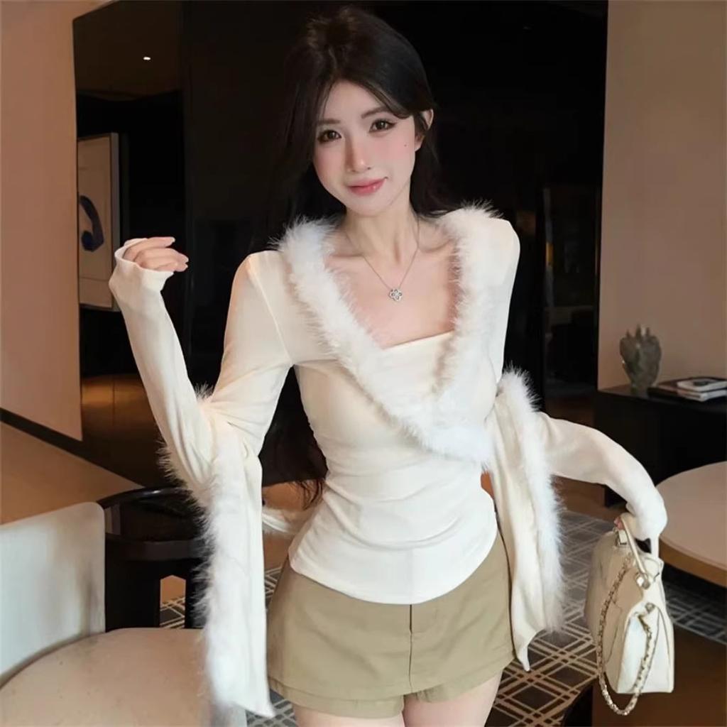 Pure Desire Style Design Mao Mao Scarf Splicing Slim-fitting Long-sleeved T-shirt Women's Autumn and Winter Temperament Beautiful and Thin Sexy Top