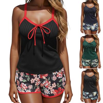 Women's Fashion Split Sexy Strappy Print Shorts Bikini Set Swimsuit