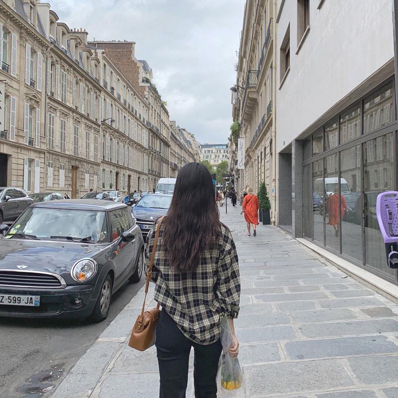 Dongdaemun Retro Minimalist Plaid Wide Sleeve Shirt for Women - Spring/Autumn 2025