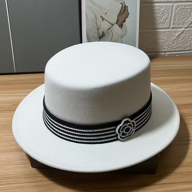 Striped Rhinestone Chain Imitation Wool Flat Top Hat Women's Winter Light Luxury Elegant Retro Top Hat Retro Versatile Temperament Felt
