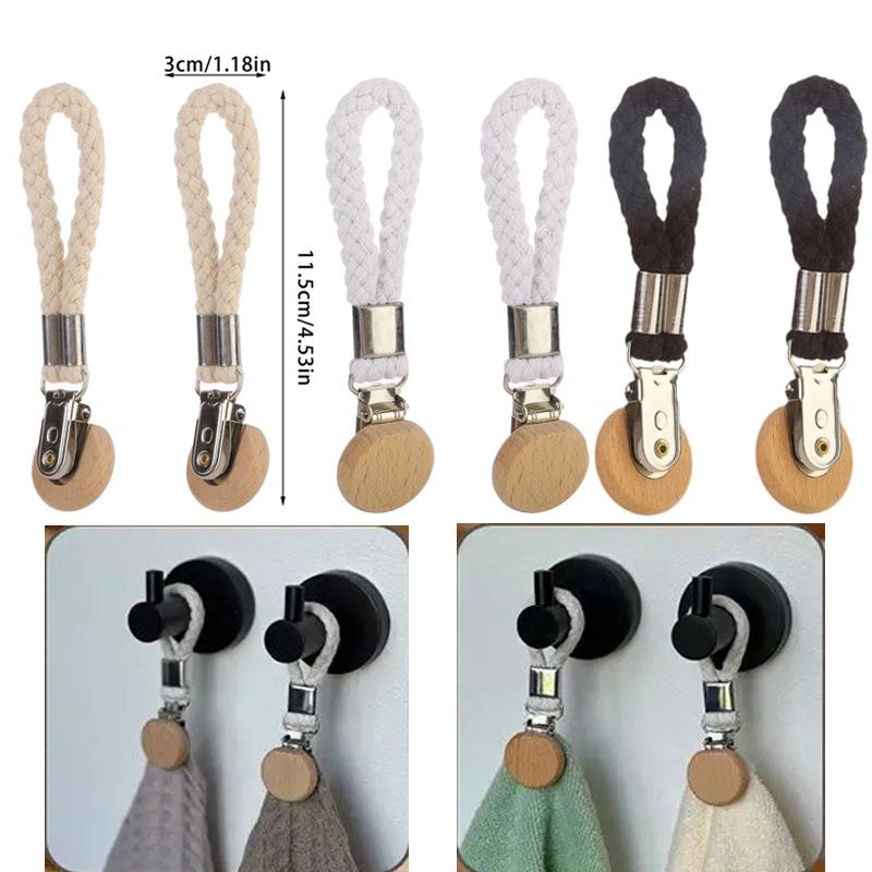 2pcs Bathroom Robe Coat Towel Clips Braided Multipurpose Cloth Hanger Cotton Loop Towel Clip Metal Clamp Kitchen Organizer Acces