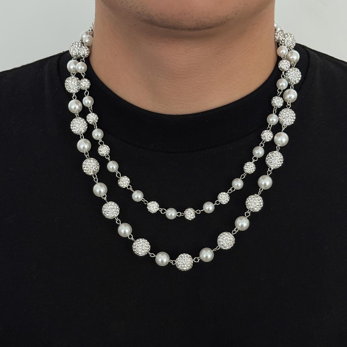 Salircon 2 Pcs/set Vintage Exquisite Imitation Pearl Necklace Men Fashion Charm rhinestone Clavicle Chain Banquet Jewelry Gifts