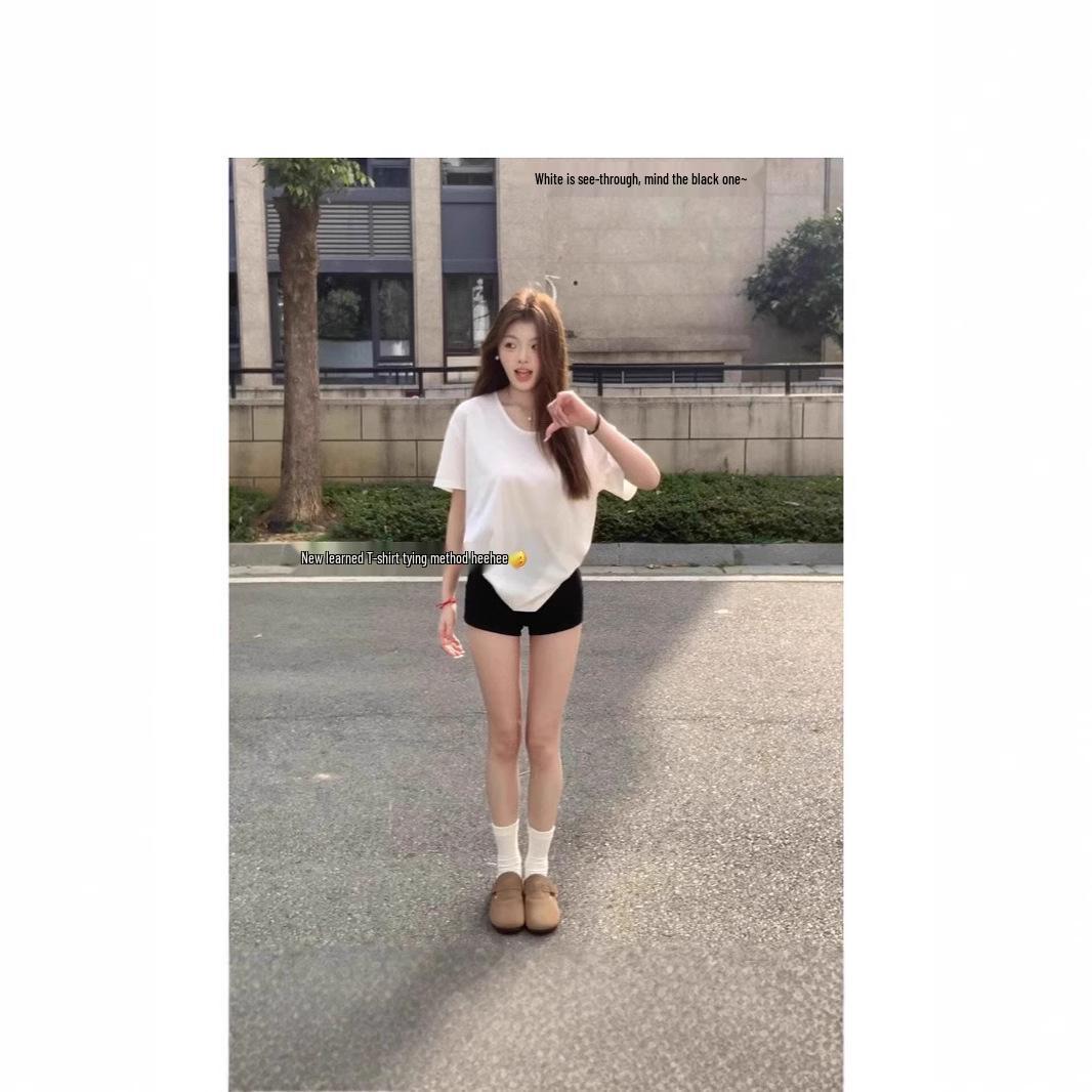 

2025 Summer Pure Cotton V-Neck Solid Color Women s Chic Short Sleeve T-Shirt M білий