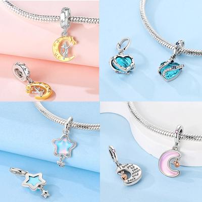 Original Copper Charms Pink Moon Cat Star Heart Love Zircon Beads Pendant Fit Diy Bracelet Necklace Women Jewelry Blue Gift