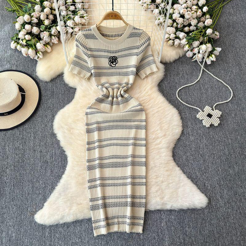 

Classic Style Best Selling Stripes Dress Women s Summer Silm Slim Looking Elegant Socialite Classy Exquisite Ice Silk Knitting Dress Apricot White One size