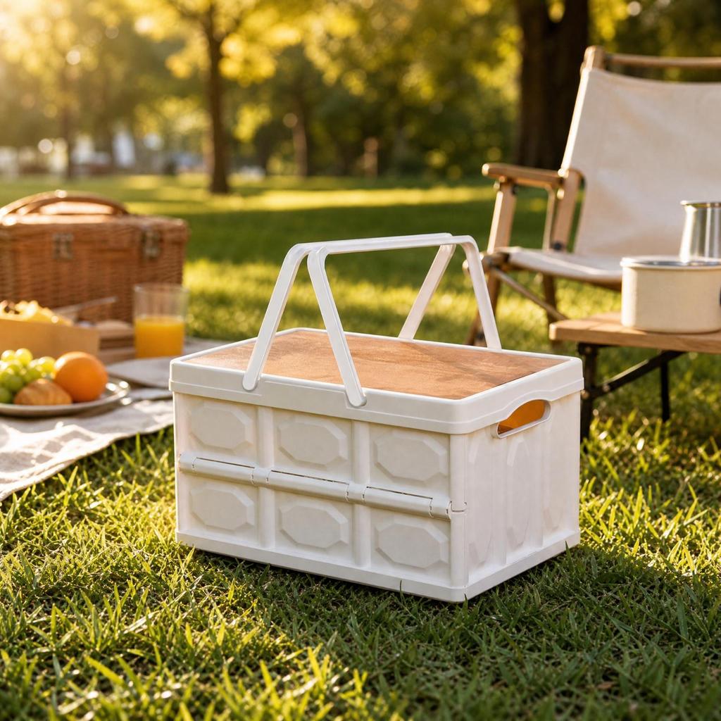 Folding Storage Box with Wood-Look Tabletop Compact Portable
