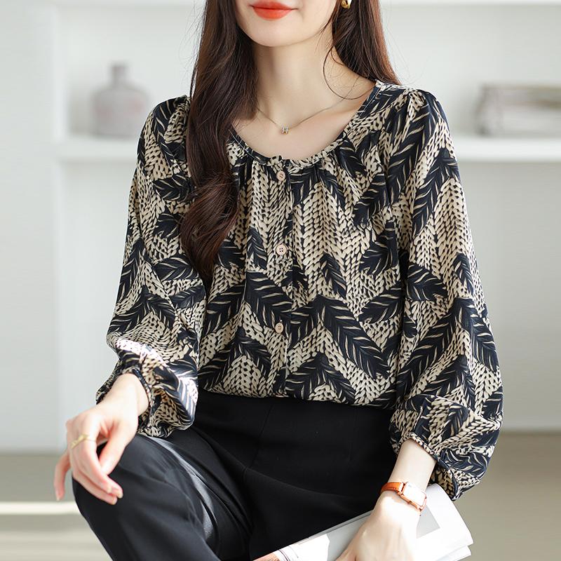 Fashion Elegant Casual Loose Chiffon Shirts Women Long Sleeve Tops Plus Size Women's Blouses Round Neck Slim Vintage Print Shirt Woman Clothing 26340