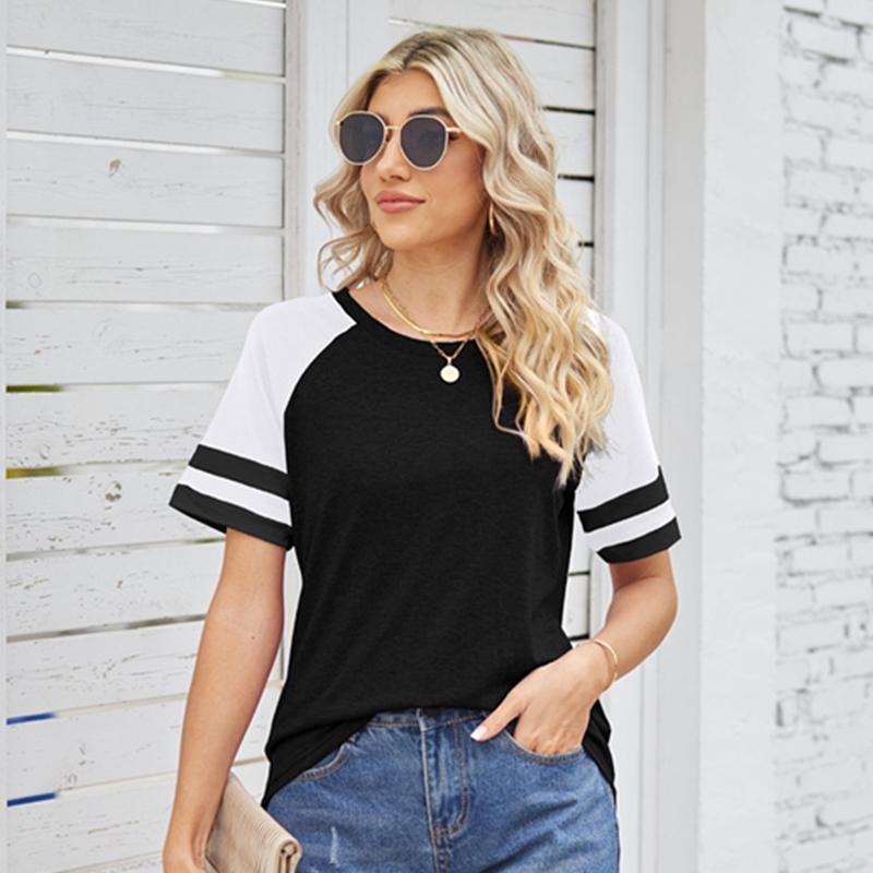 Dámský jarní a letní volný pruhovaný top s kulatým výstřihem a krátkým rukávem