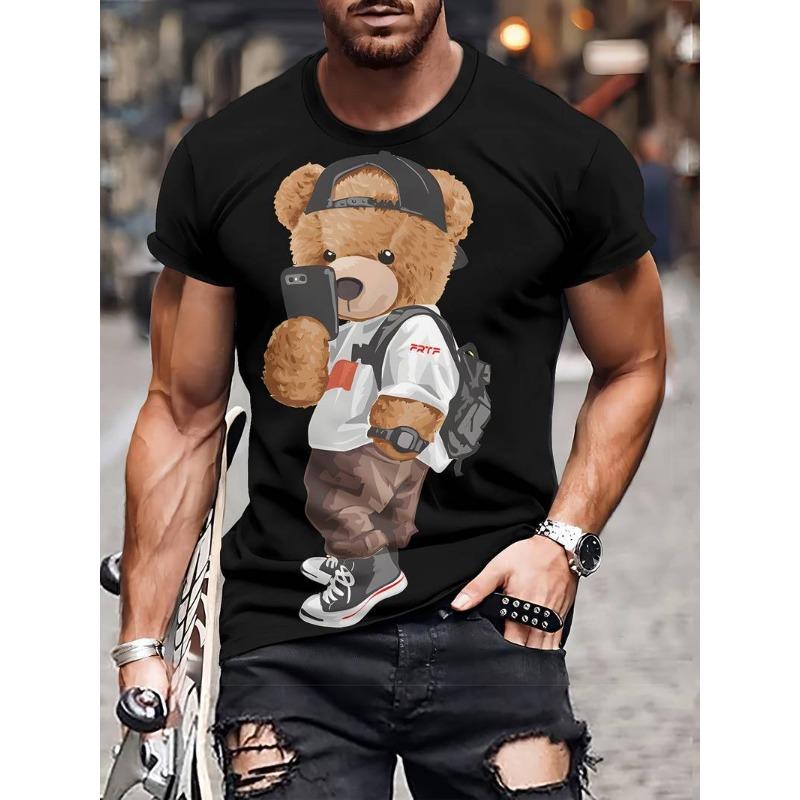 Summer Street Fun Teddy Bear 3D Digital Printed Round Neck Short Sleeve Men's Sports Leisure Comfortable Loose T-shirt