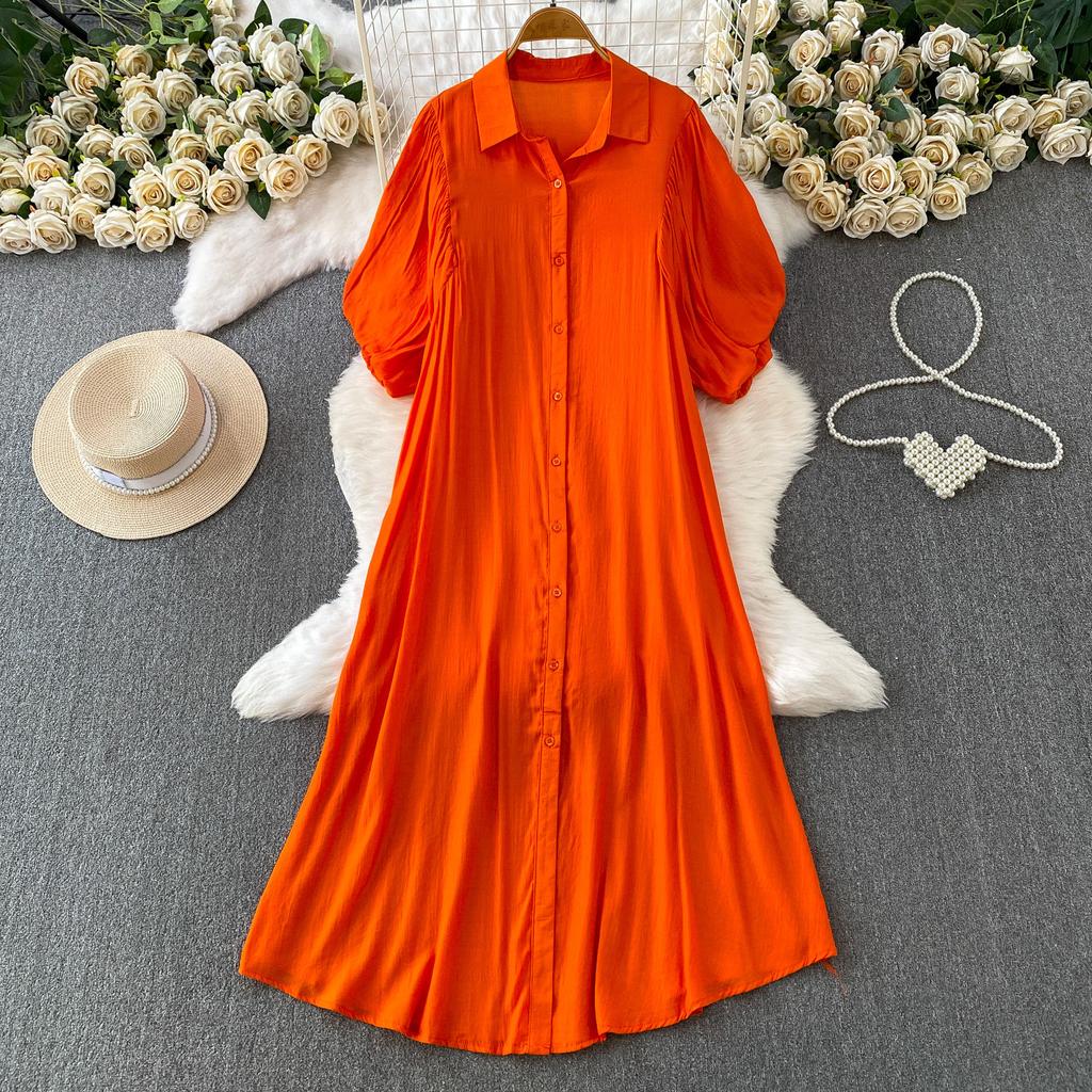 French Light and Mature Style Simple Temperament Lantern Sleeve Dress Women's Summer Commuting Lazy Wind Single-breasted Cardigan Long Dress