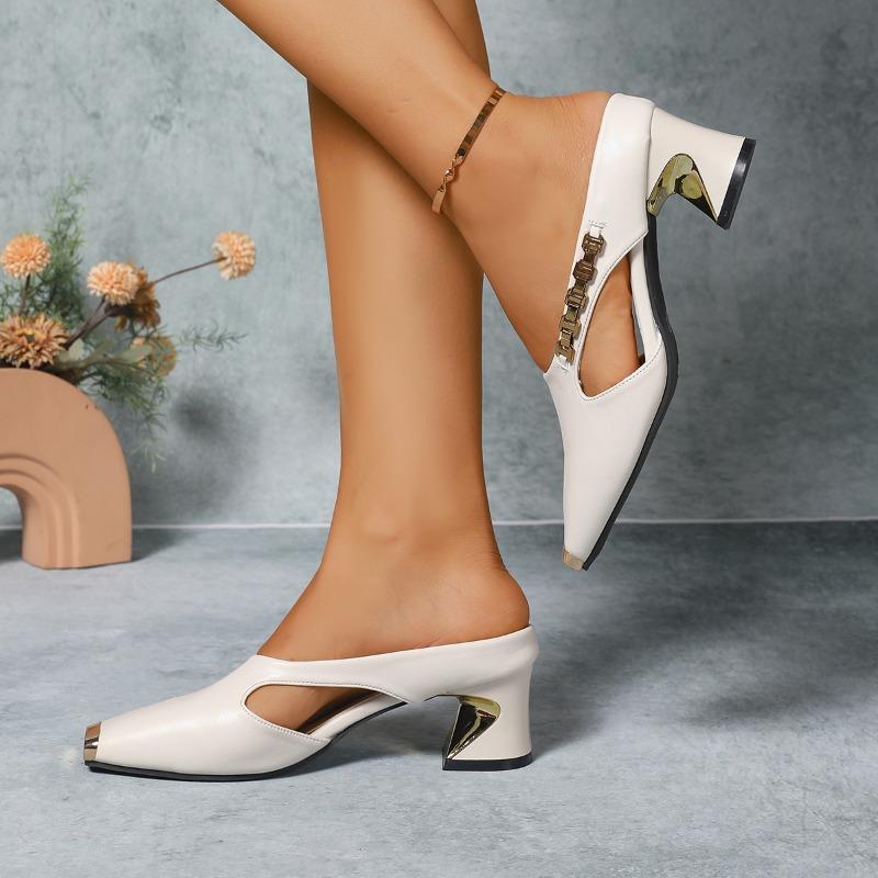 Fashion Special Heel Metal Wrapped Slippers Autumn New Square Toe Shallow Mouth Cutout Metal Chain Non-slip High Heels