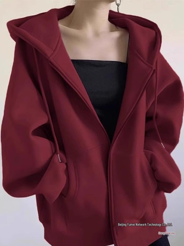 Solid Color Women's Hooded Fleece-Lined Cardigan Jacket - American Retro Lazy Style for 2025 Autumn/Winter
