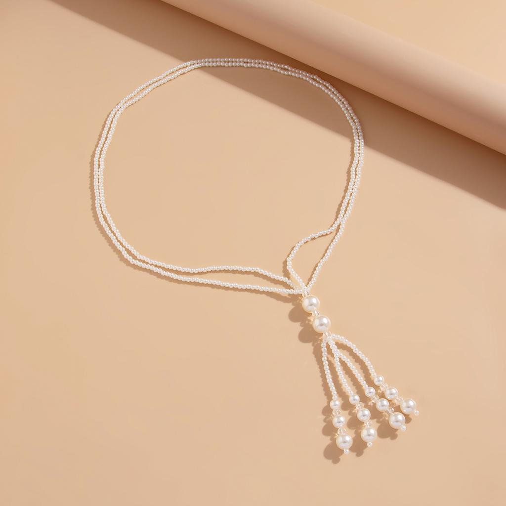 Módní bílý náhrdelník s imitací perel Temperament Jednoduchý dlouhý korálkový křišťálový řetízek na klíční kosti Náhrdelníky svetr Příslušenství