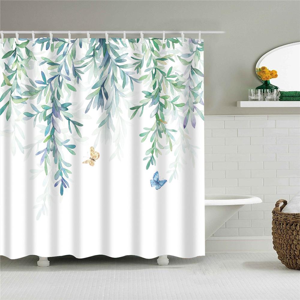 Plant Stripes Shower Curtain Bathroom Waterproof Polyester Shower Curtains for Bathroom Flower Print Bath Curtain with Hooks