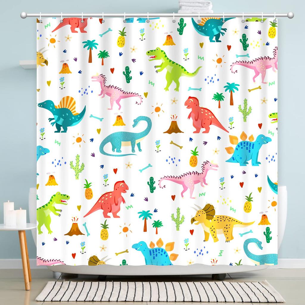 Cartoon Dinosaur Shower Curtain Fabric Hooks Children's Room Decoration Cloth Toilet Bath Curtain Home Background Wall Covering