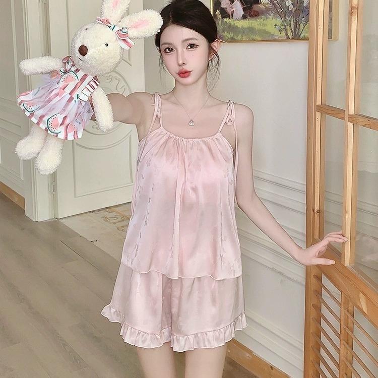 Guofeng ice silk suspender shorts pajamas women's summer with chest pad 1011 new loungewear set summer pure desire