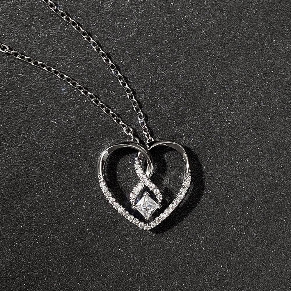 Silver Plated Infinity Heart CZ Pendant Necklace, Princess Cut Love Cable Chain Necklace for Women