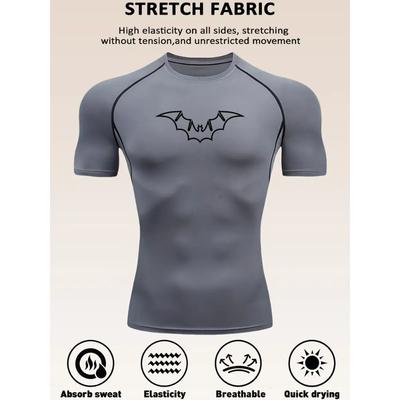 Men's Grey Bat Print Compression T-Shirt, Quick Dry Breathable Gym Workout Top
