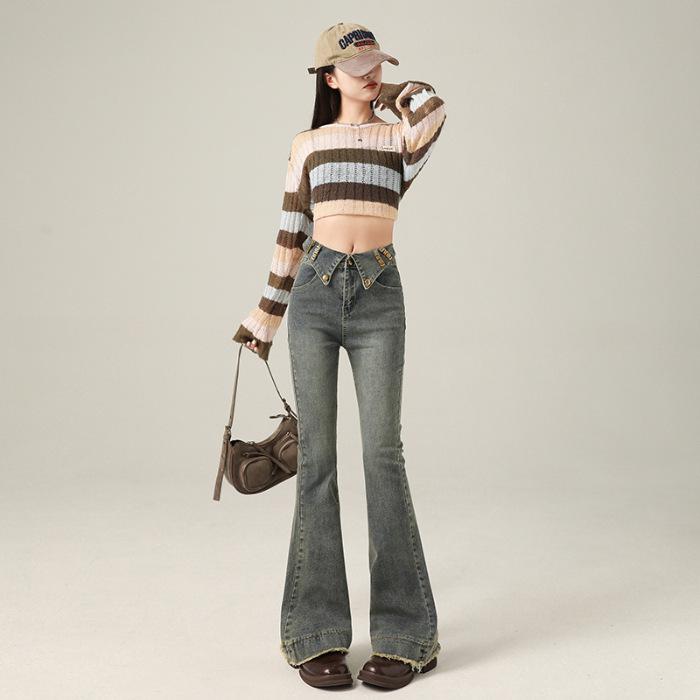 American retro flanged Spice Girl Jeans Women's Spring and Autumn Low Waist Tall Slim Skinny Flared Floor-mopping Pants