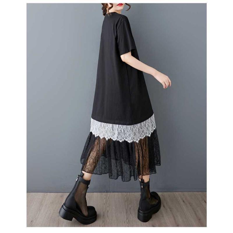 

Женское свободное повседневное платье-футболка средней длины с кружевной вставкой One size чёрный