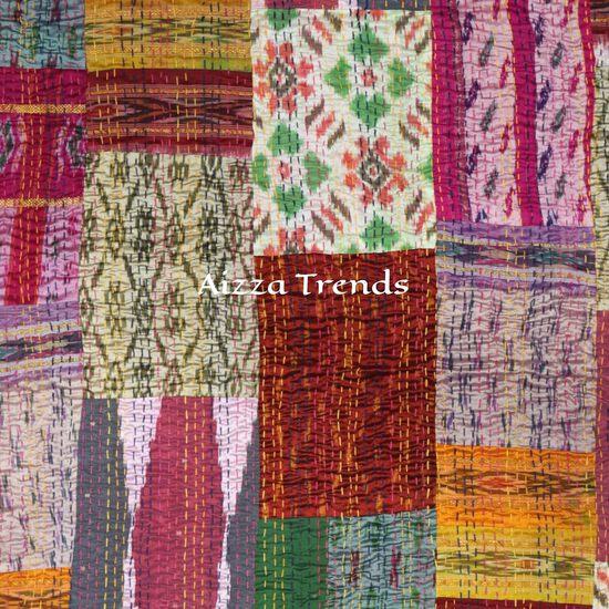 Aizza Trends Handmade Pure Cotton Patch and Patola Work Kantha Quilt - Traditional Indian Throw Blanket-Vintage Cotton Silk Saree Quilt