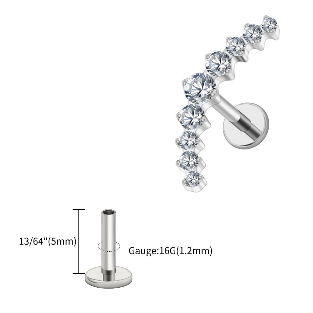 Right Grand ASTM F136 Titanium Arc CZ Cluster Labret Curved Bar Flat Back Stud Earring Helix Cartilage Conch Piercing Jewelry