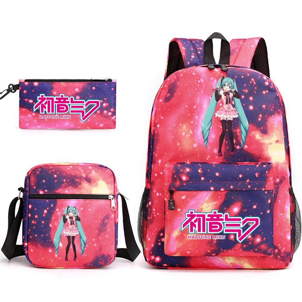 3Pcs/set Anime Cartoon Hatsune Miku Printed Backpack with Shoulder Bag Pencil Case for Teenager Student Boy Girl Large Capacity Waterproof School Bag