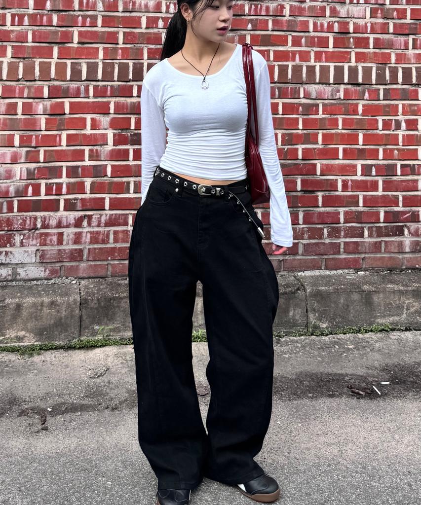 Jikeulib Black Curved Cut-Line Wide Cotton Pants