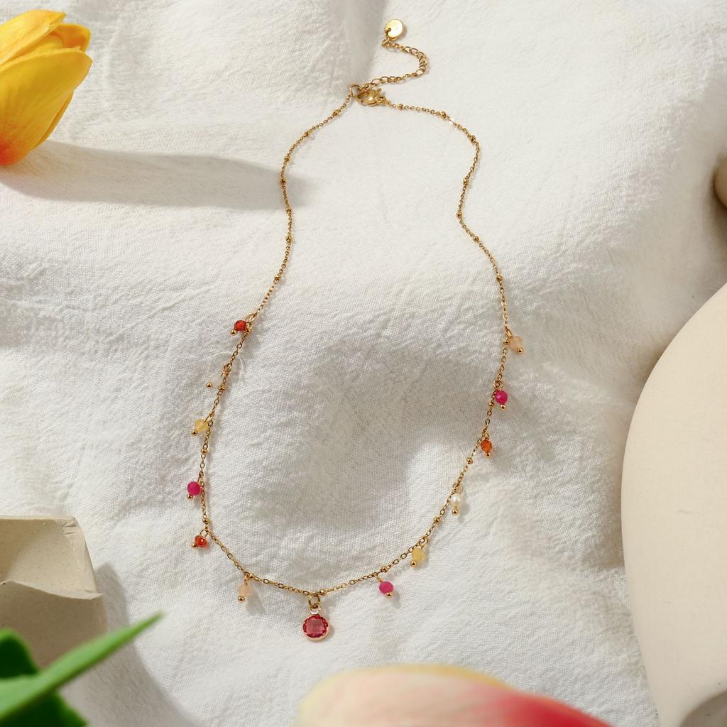 Women 18k Gold Plated Colorful Natural Stone Tassel Clavicle Necklace