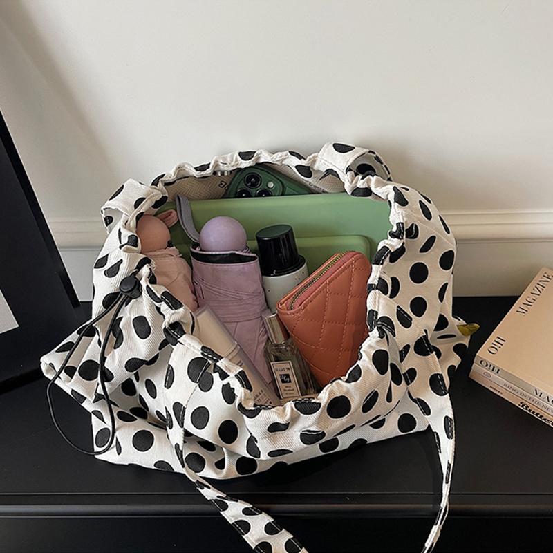 Polka Dot Canvas Tote Bag With Drawstring Closure Large Capacity Shoulder Bag Casual Shopping Bag Women Daily Commute Handbag