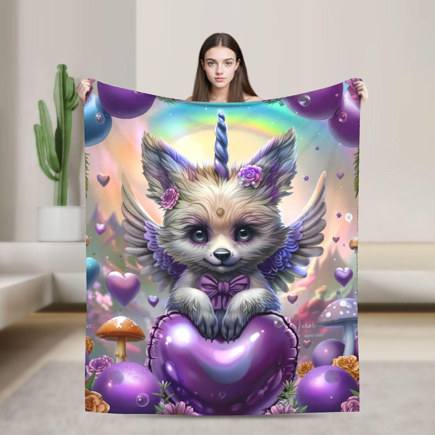 Black Unicorn Flannel Blanket - Whimsical Purple Print Sofa Throw 70x100cm