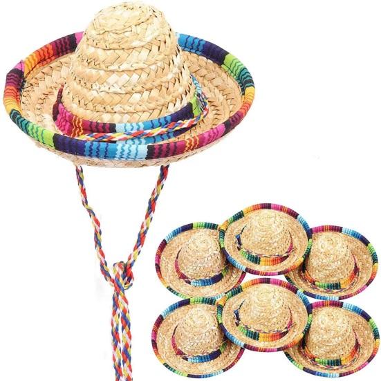Carnival Hat, Mini Mexican Straw Hat, Natural Colorful Braided Edge Hat, Breathable Festive Party