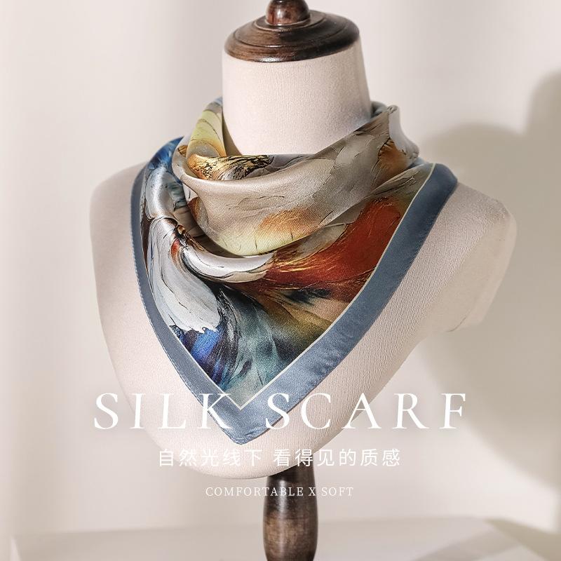 100% mulberry silk square scarf spring oil painting flower printing silk scarf women's versatile fashion small square scarf