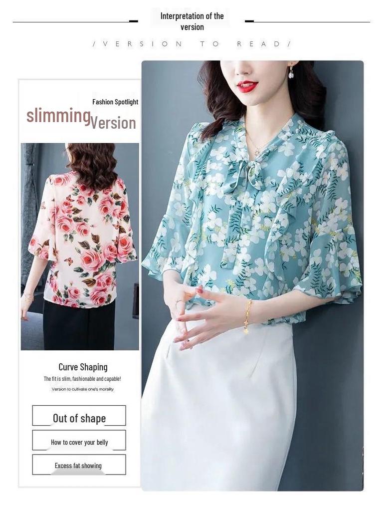 Women's Floral Chiffon Blouse with Bow - 2025 Summer Fashion, Flare Sleeves, Elegant Fairy Style.