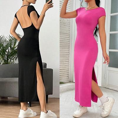 Sommerkleid für Damen, Rundhalsausschnitt, kurzärmelig, rückenfrei, hohe Taille, schmal, bequem, mit Schlitz an der Hüfte, Wickelkleid, lässig, modisch, Übergröße, einfarbig, langes Kleid