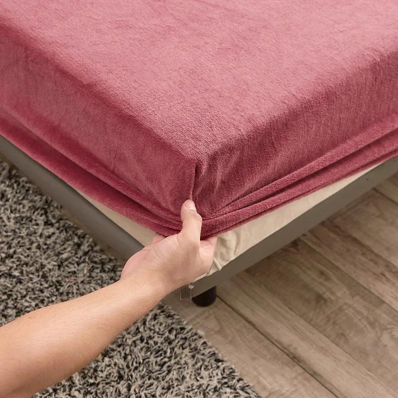 Autumn and Winter A-Class Milk Velvet Bed Sheet Solid Warm Cozy Mattress Protective Cover Bed Linen Protector Fitted Sheet Winter Keep Warm