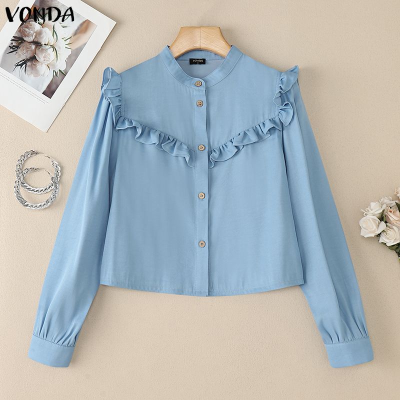 VONDA Elegant Women Long Sleeve Ruffled Plaid Blouse Shirts