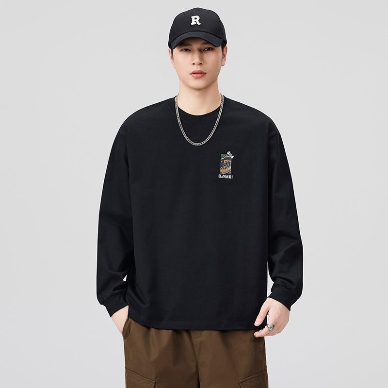 Men Black Printed Round Neck Long Sleeve Loose Casual Cotton T Shirt