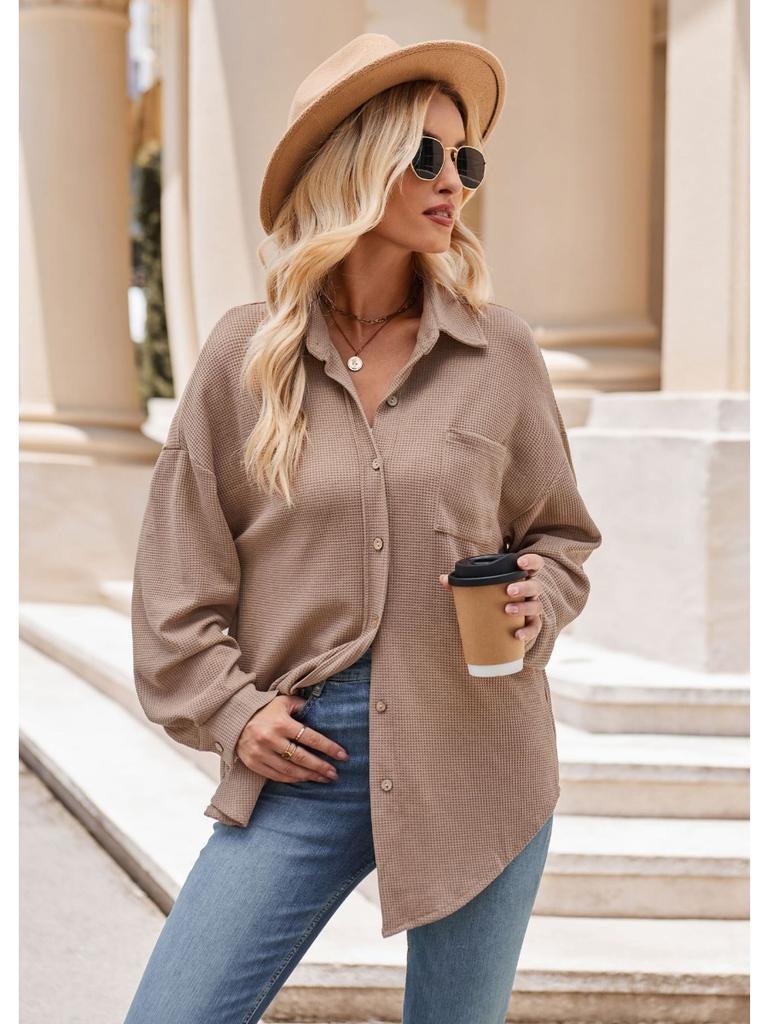 Single Breasted Pocket Waffle Fashion Shirt 2023 Women's Autumn and Winter New European and American Casual Loose Tops