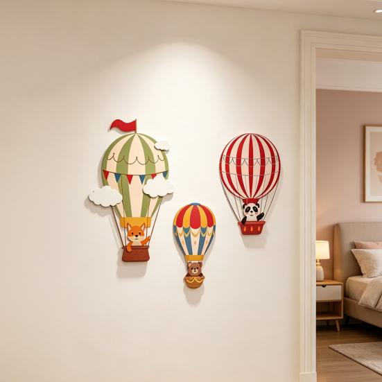 3 Pcs Hot Air Balloon Wall Decor Boho Wooden Nursery Wall Art Cartoon Animals Hot Air Balloon Wall Sculpture for Kids Bedroom Baby Shower Decoration