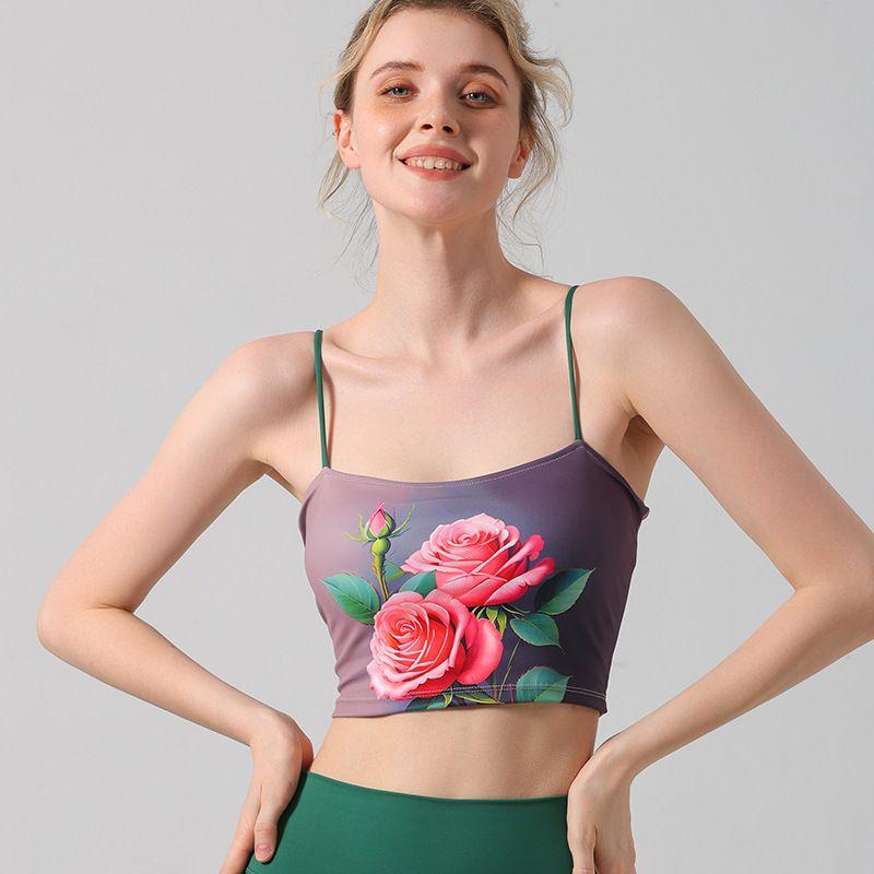 Nude Feel Yoga Bra Chinese Style Green Yoga Pants Yoga Clothes Suit Pilates Spaghetti-Strap Floral Print Inner Wear Blouse