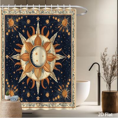 Celestial Sun & Moon Shower Curtain – Astronomical Art with Golden Stars, Deep Blue Background, Vintage Celestial Design