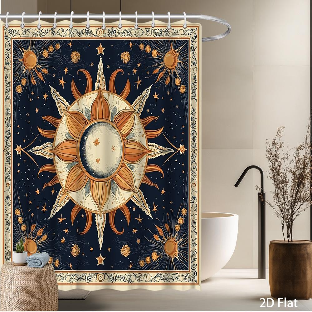 

Celestial Sun & Moon Shower Curtain – Astronomical Art With Golden Stars, Deep Blue Background, Vintage Celestial Design W60H190(CM)-1 Pcs