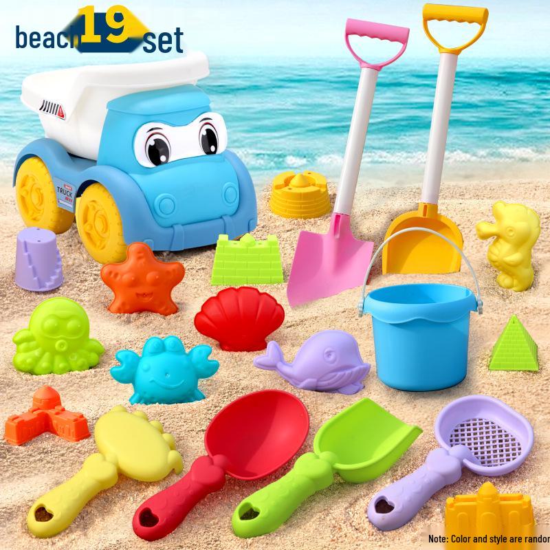 Complete Beach Toy Set: Includes Shovel, Wheelbarrow, Bucket, and Water Toys for Kids' Sand Play at the Seaside.