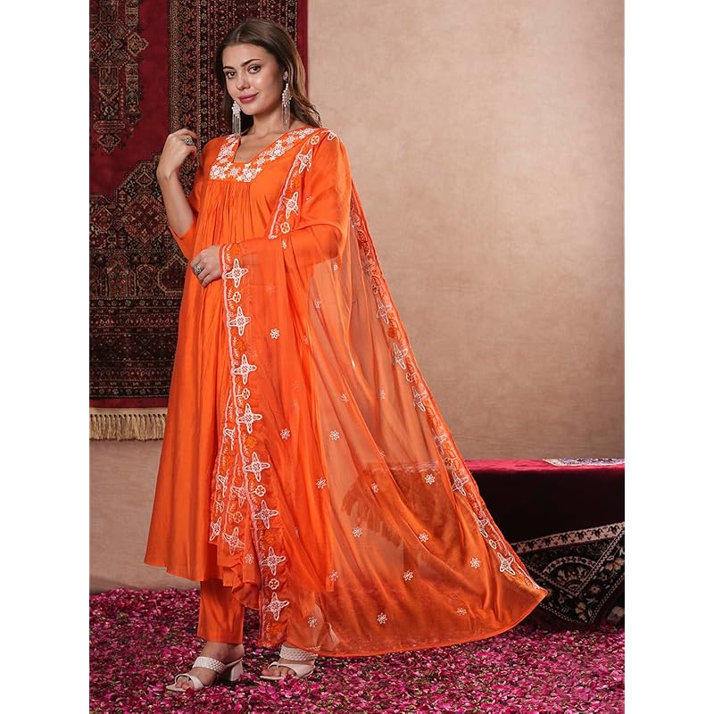 GoSriKi Women s Rayon Blend Anarkali Thread Work Kurta with Pant & Dupatta (ASHVTHAMA ORANGE-VKS07-GS_L_Orange_Large) L оранжевый