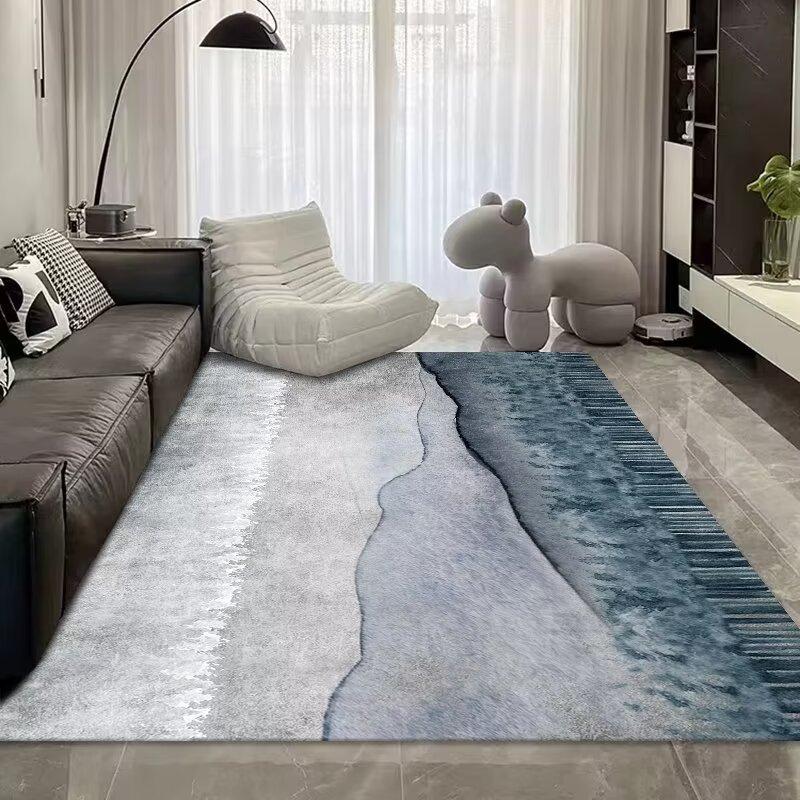Simple Light Luxury Thickened Crystal Velvet Carpet, Living Room Bedroom Coffee Table Floor Mat, Blue Abstract Ink Carpet