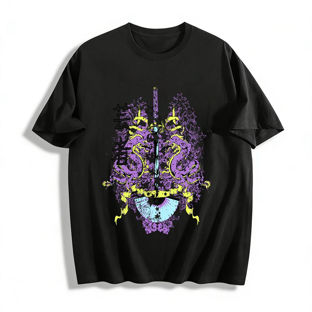 Double Dragon Katana Geisha Print Cool Casual Short Sleeve Pure cotton T-shirt XXS